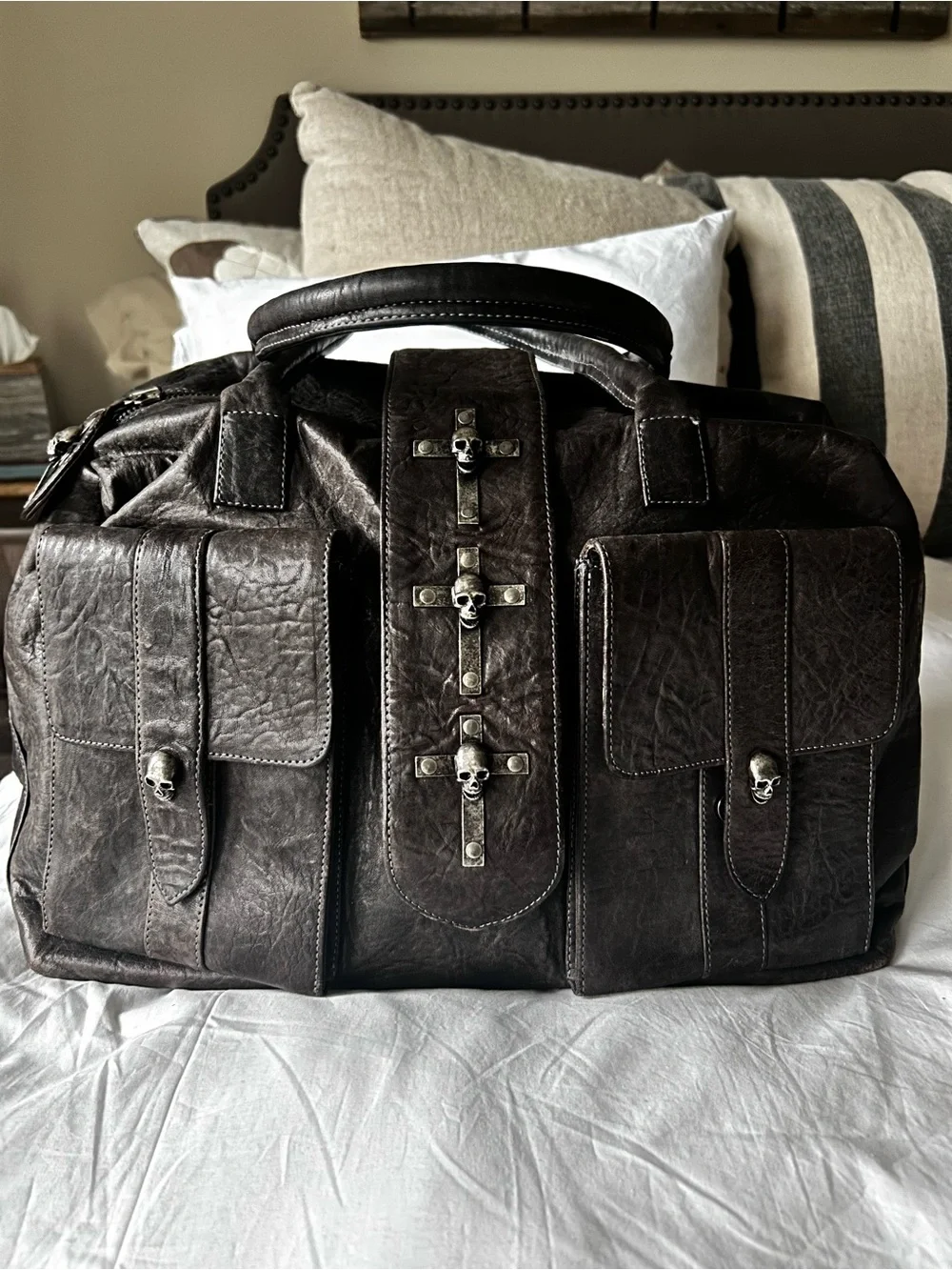 Thomas Wylde Grey Leather Duffel type Tote Bag with Front Skull Pockets